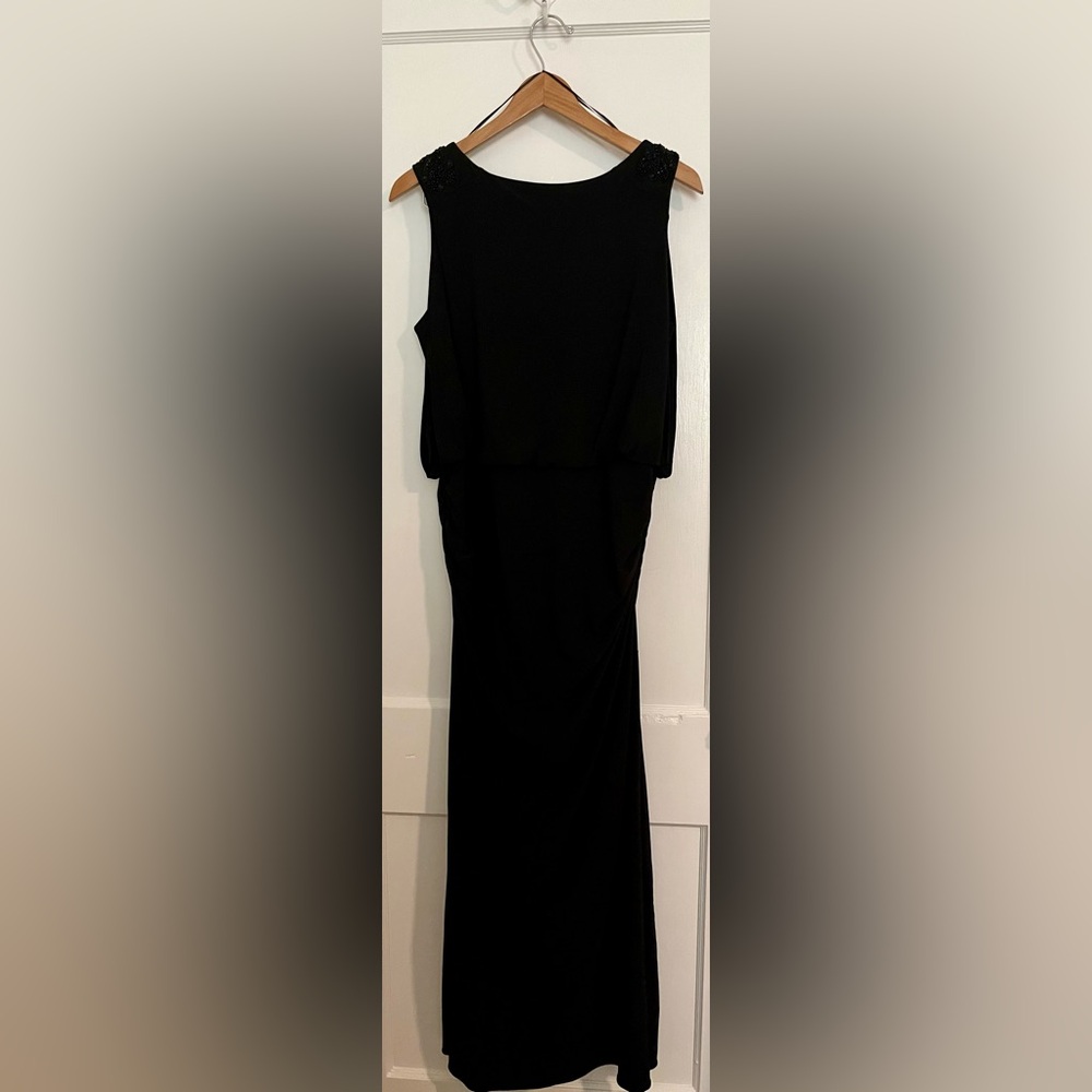 Black, rouched, open back, floor length, petite, column dress.